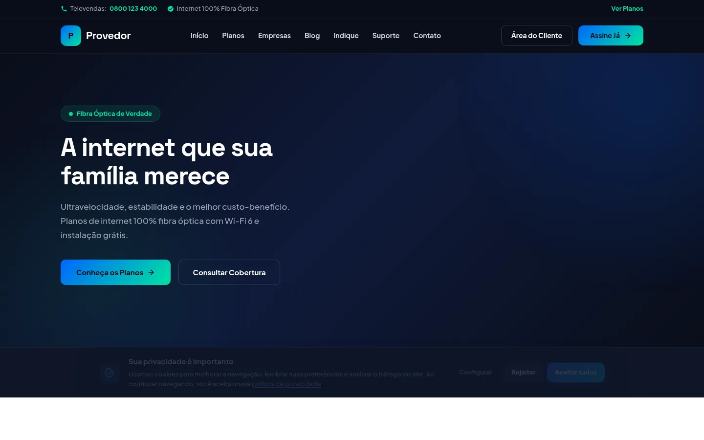 Captura da página inicial do Modelo 1 mostrando hero, planos e cobertura