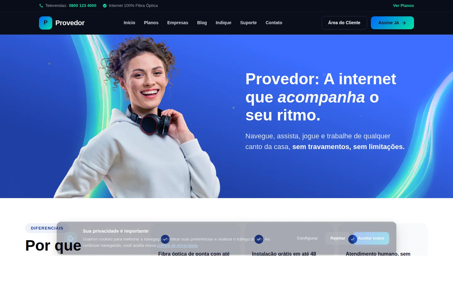 Captura da página inicial do Modelo 14 mostrando hero, planos e cobertura
