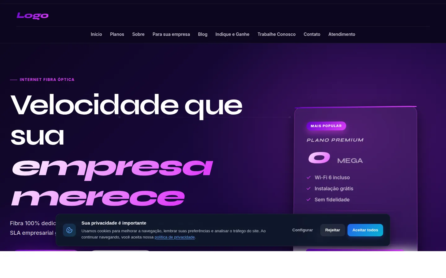 Captura da página inicial do Modelo 4 mostrando hero, planos e cobertura