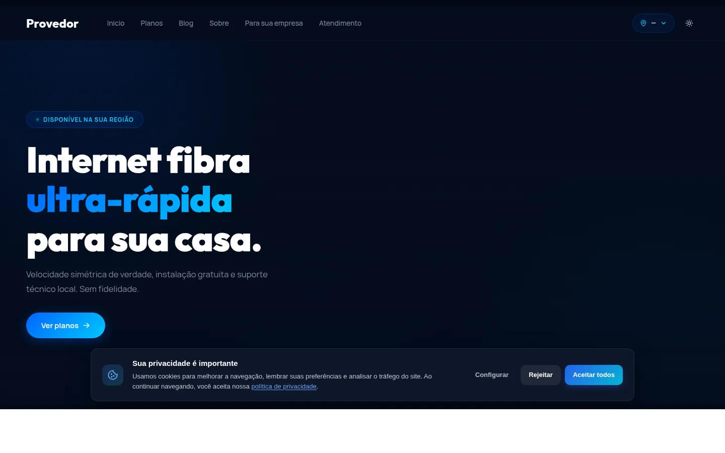 Captura da página inicial do Modelo 5 mostrando hero, planos e cobertura